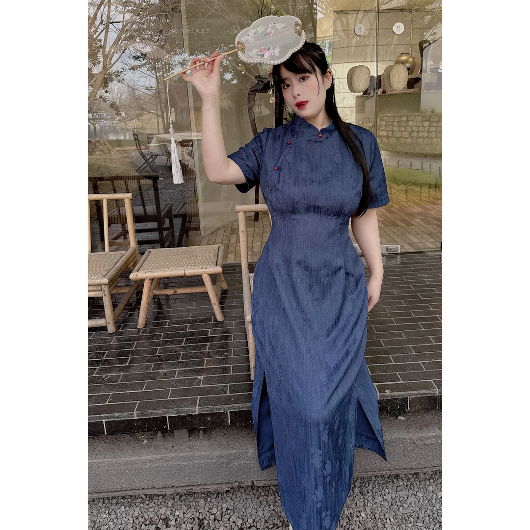 码加加51201胖MM新中式国风改良暗纹提花旗袍