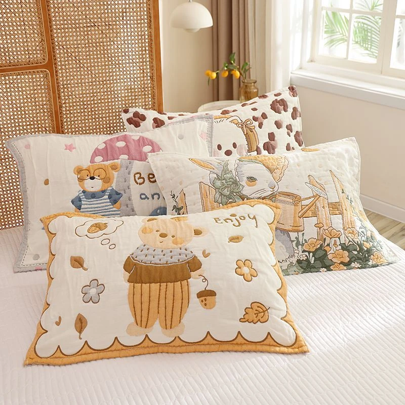 纯棉纱布枕巾成人家用加厚卡通可爱柔软透气学生全棉泡芙枕头盖巾