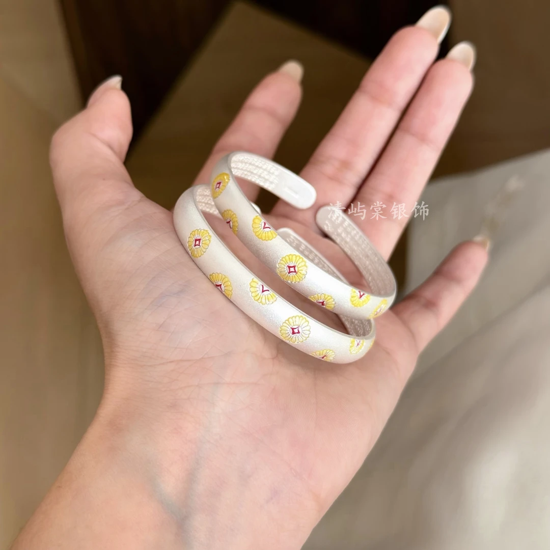 足银手镯 清屿棠【朝阳花开】足银999.9内心经珐琅开口手镯约31g