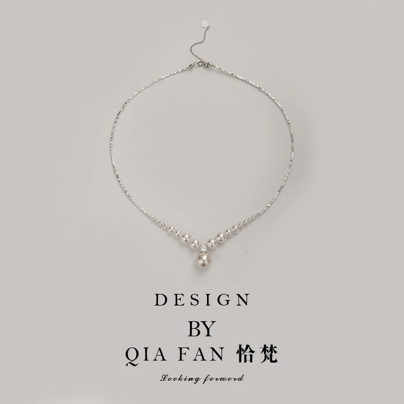 链子925银  正圆强光澳白色珠珠碎银项链项链 高级感颈链锁骨链l