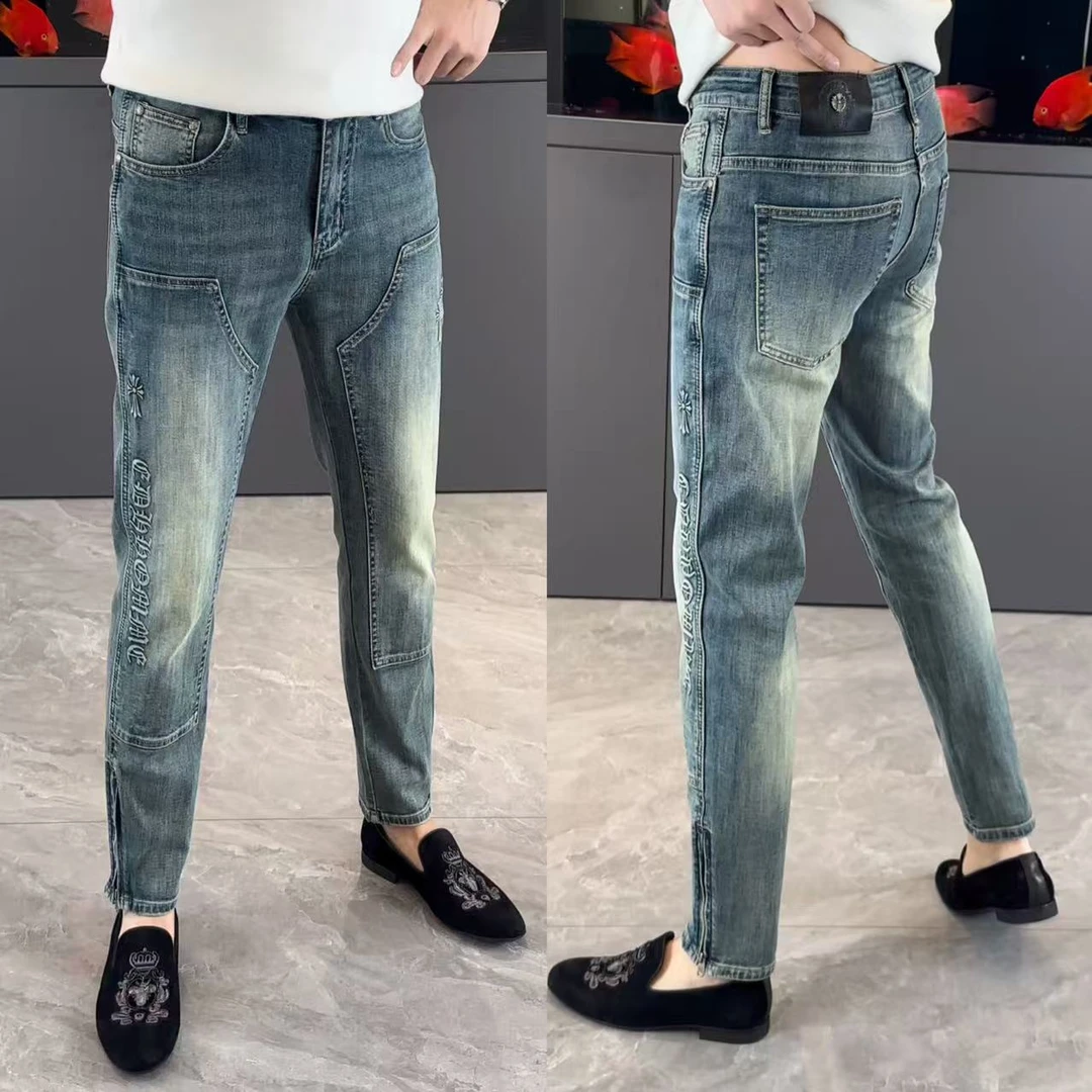男裤春季新款牛仔裤男高品质潮流拼接提花长裤修身显瘦男士小脚裤
