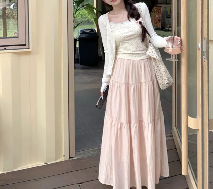 大码甜美时尚套装女春季蕾丝碎花吊带背心胖MM高腰A字半裙三件套