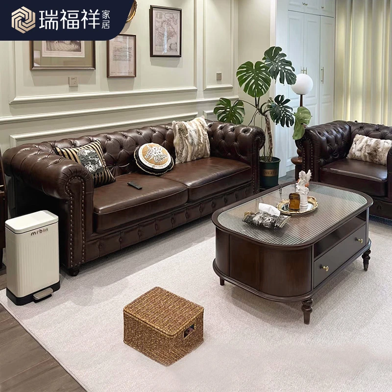 美式真皮沙发大巴顿直排三人位实木沙发复古拉扣沙发头层牛皮N299