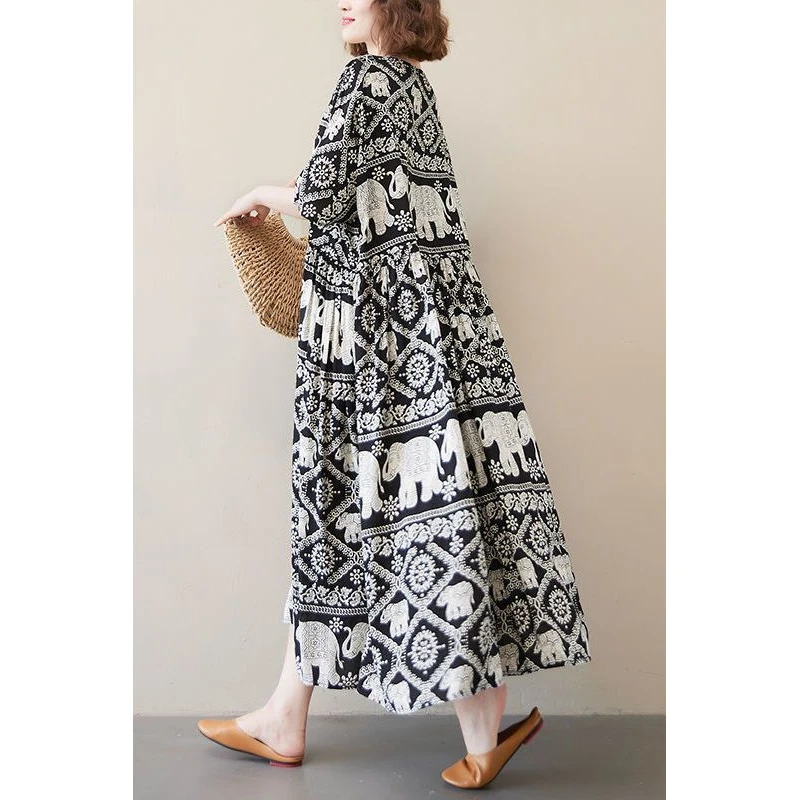 夏日复古简约风棉绸印花胖mm宽松大摆五分袖圆领长裙
