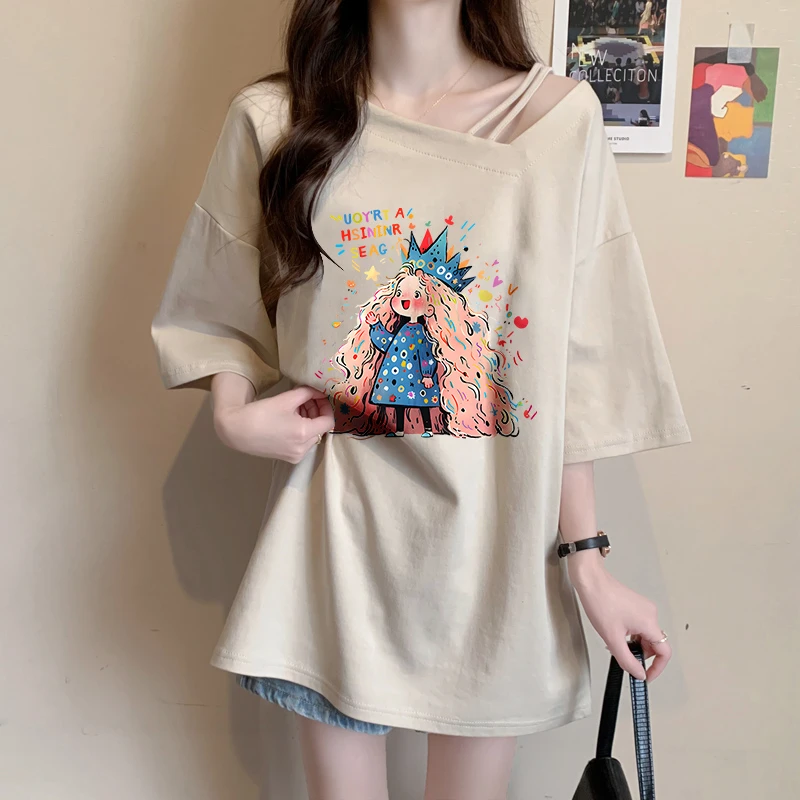 纯棉斜领中长款短袖T恤女夏季时尚韩版宽松大码百搭设计感上衣ins