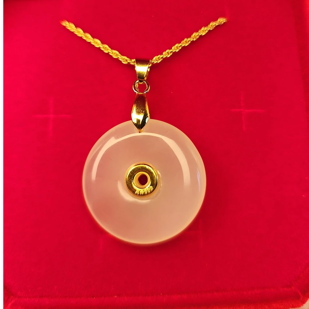 黄金真金镶嵌玉髓玉石平安扣吊坠-（赠礼盒证书-赠链子+扣头）JQX