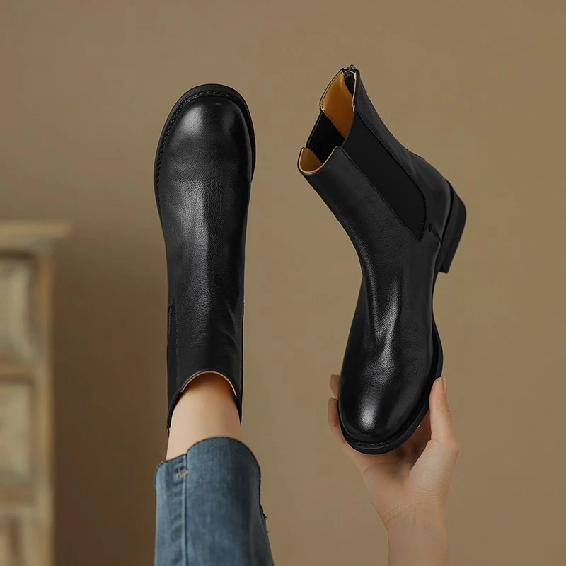 全牛皮圆头短靴女新款秋冬单靴粗跟加小个子法式复古瘦瘦