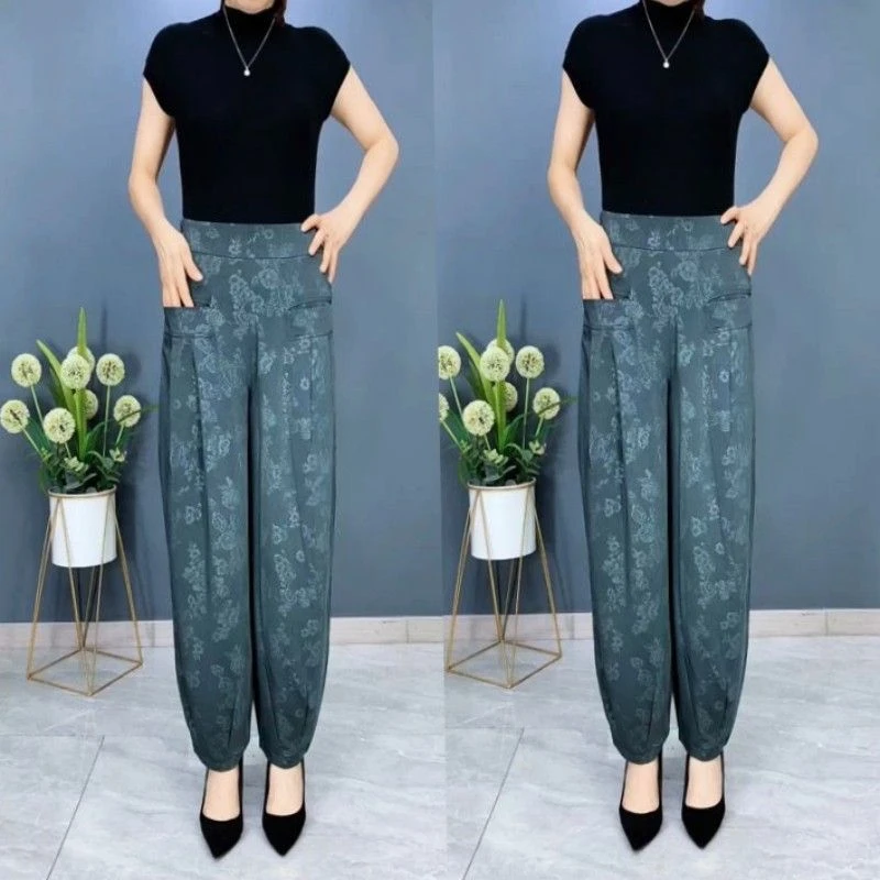 2025夏季新款高腰灯笼裤女九分哈伦裤中老年人妈妈洋气大码束脚裤