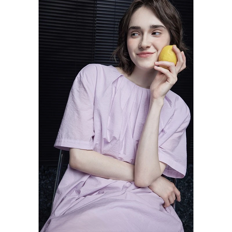 moment紫色短袖中长款连衣裙女高端气质爆款超火减龄超好看慵懒风