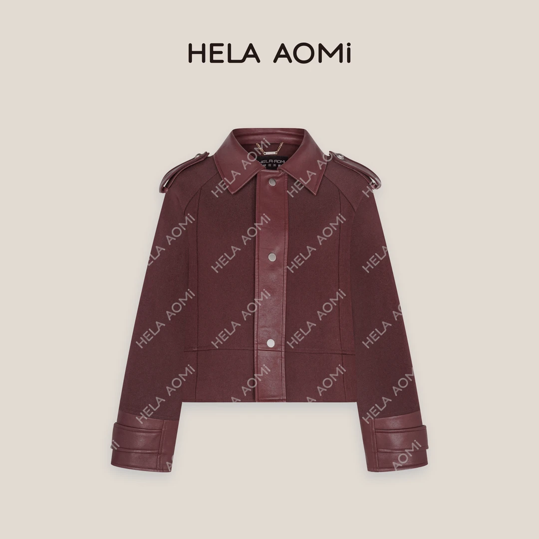 HELA AOMI“拼皮风衣”H型裁剪英伦风短款翻领休闲悬垂性皮衣
