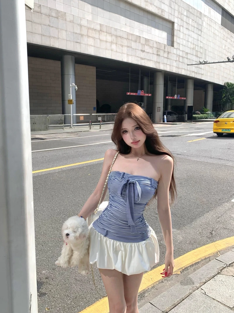 条纹连衣裙夏季蓝色蕾丝波点女裙裙子收腰Y3K法式针织辣妹性感