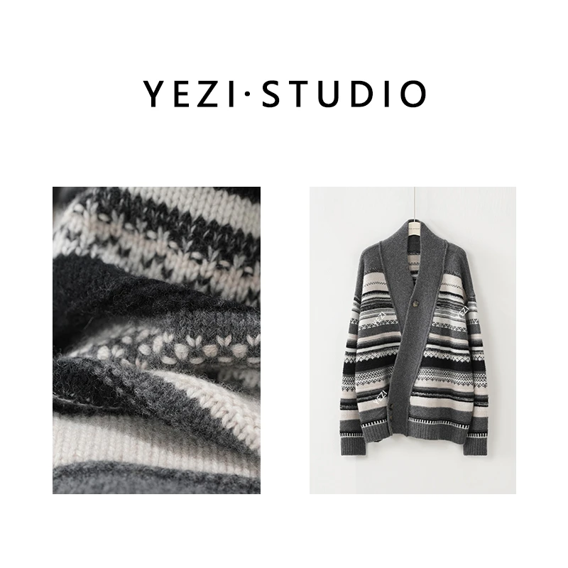 【加倍温暖】高克重粗棒针羊绒质朴大V领斜门襟针织开衫25418017