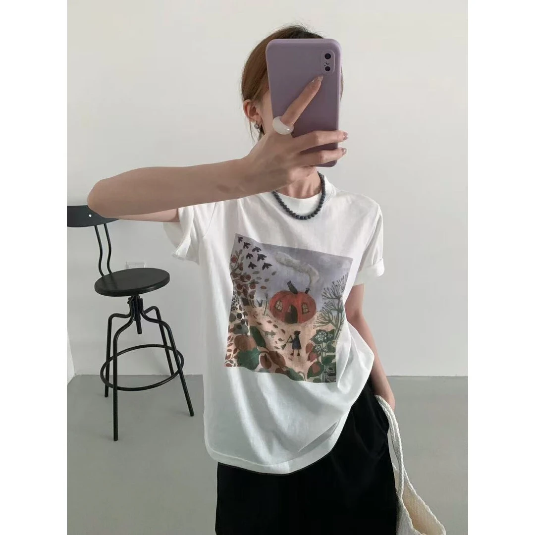 7527#YOUR#韩版洋气简约卡通印花短袖T恤（福利）