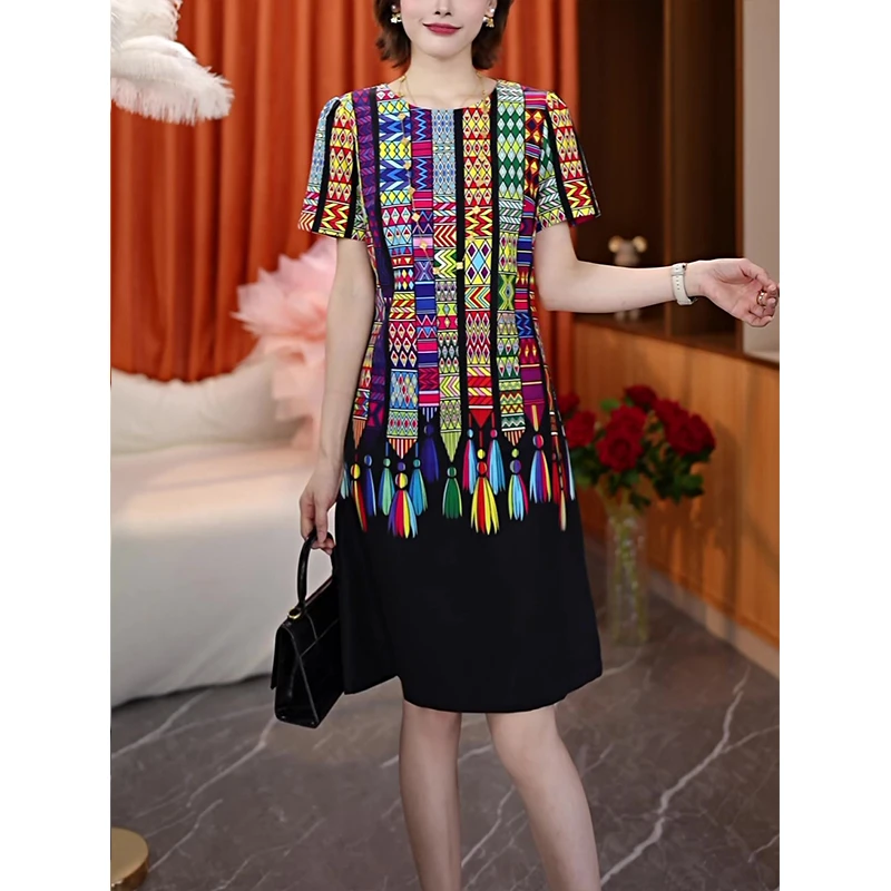 夏季复古小众设计感民族风收腰遮肚显瘦中长裙短袖圆领女连衣裙