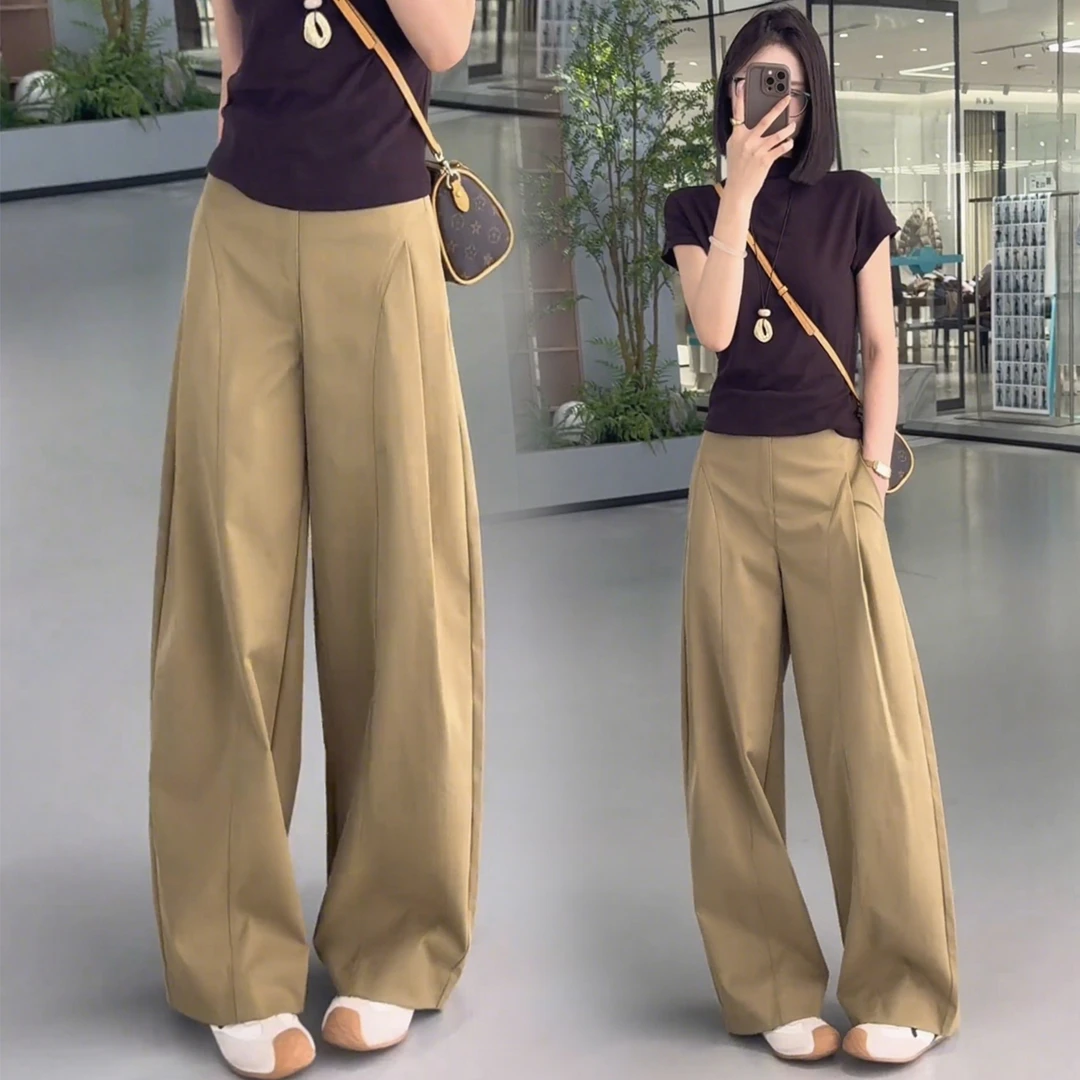 美式复古卡其色阔腿裤子女2025新款早秋季高腰显瘦垂感拖地休闲裤