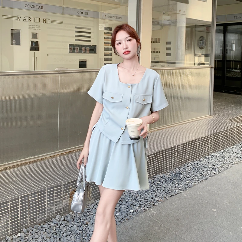 蓝色小香风套装裙女2025夏新款法式气质设计感抽褶上衣短裙两件套