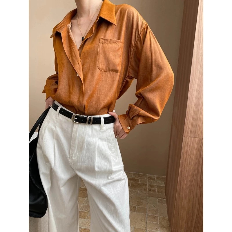 【李李】早春新款 老钱气质翻领单口袋天丝薄感宽松长袖衬衫