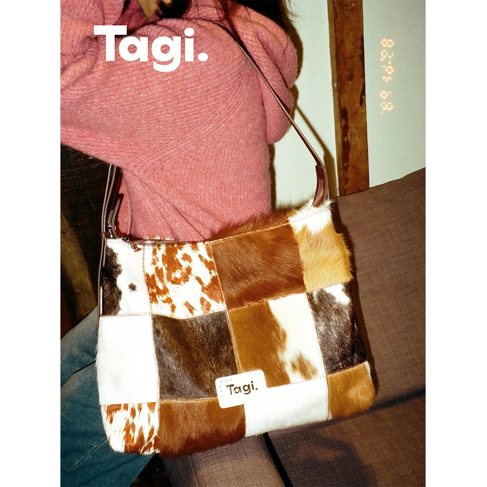 Tagi.奶牛麦田马毛复古斜挎包奶牛纹拼接毛流感单肩包可调节时尚
