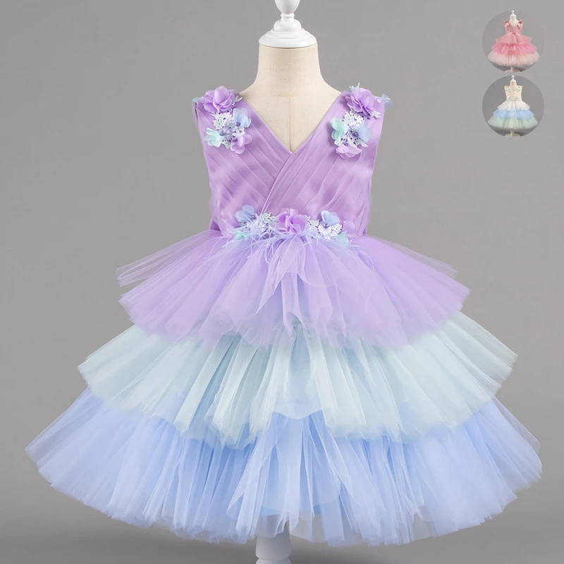 彩虹立体花瓣网纱蛋糕裙公主裙无袖连衣裙儿童周岁礼服跨境专供