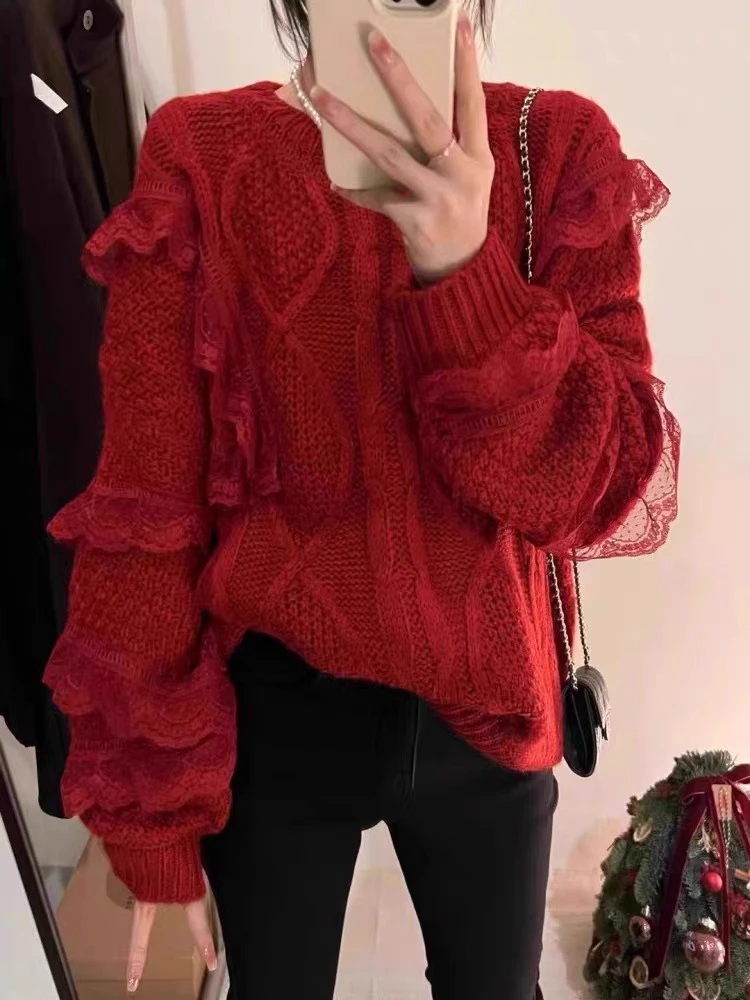 老赵服饰 蕾丝花边拼接麻花针织毛衣 21AU3124