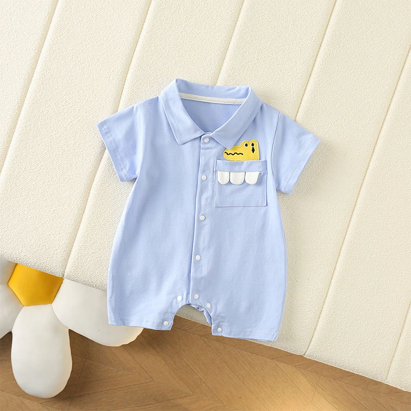 2025新款男宝宝半袖薄款夏季帅气韩版翻领卡通鳄鱼短款连体哈衣