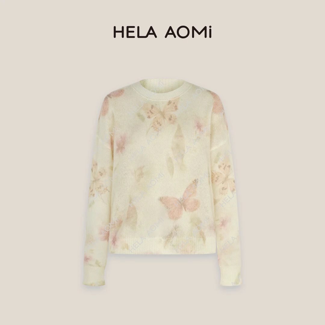 HELA AOMI“水彩蝶舞”蝴蝶印花园领早春高级感针织上衣CY4DM31626