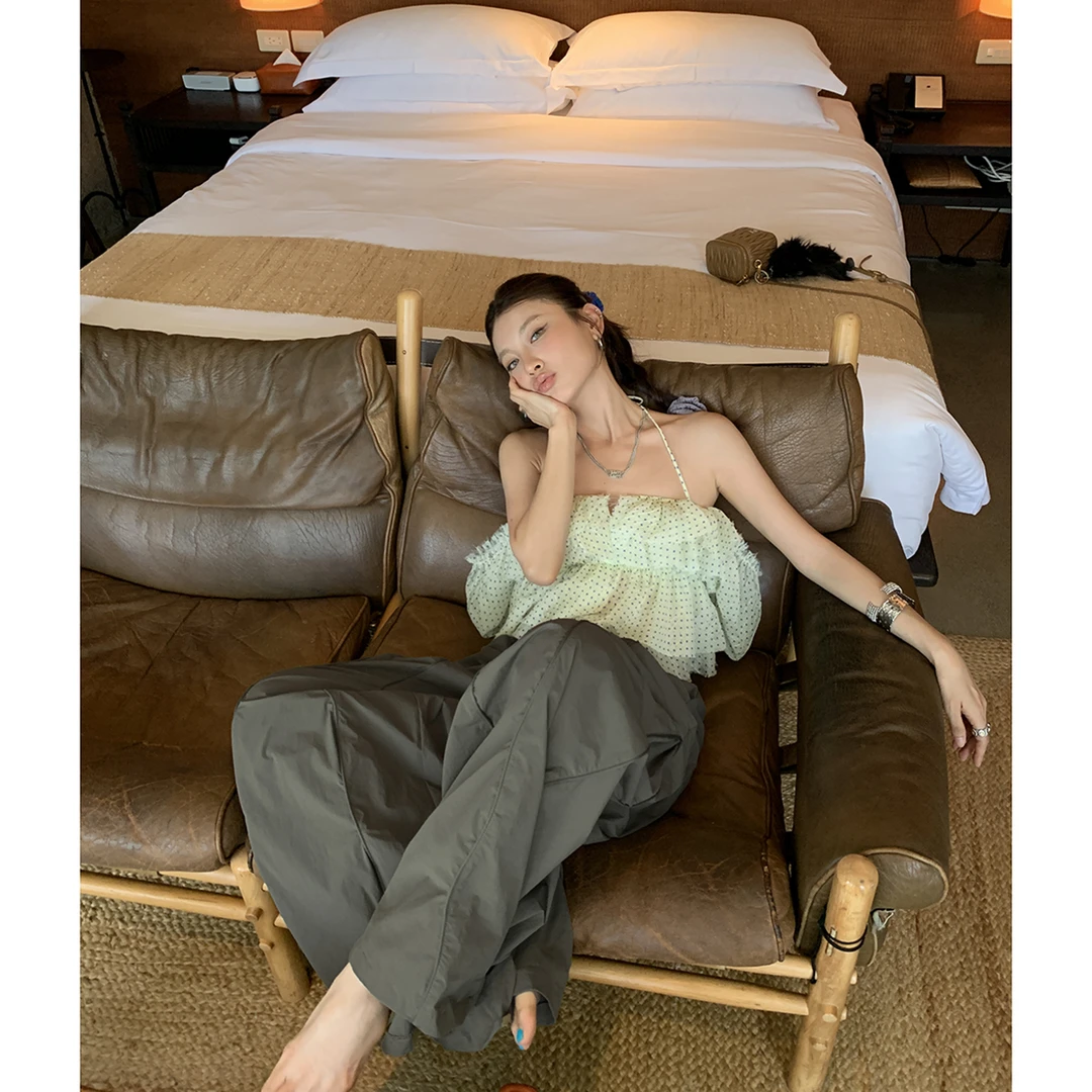 【竹节青】军绿色阔腿工装裤拖地长裤4317