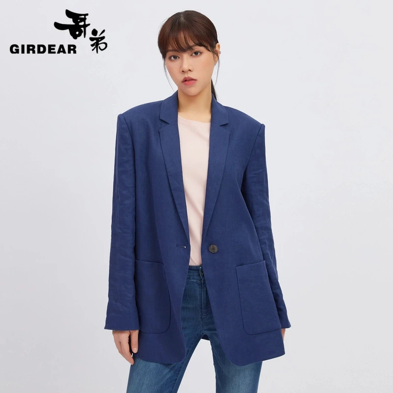 GIRDEAR/哥弟新款女装休闲气质百搭亚麻粒扣长袖西装外套1400425