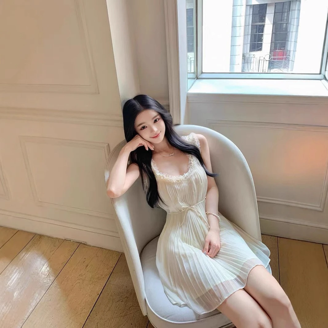 网红款很辣天鹅湖畔甜美温柔气质蕾丝边百褶连衣裙+绑带