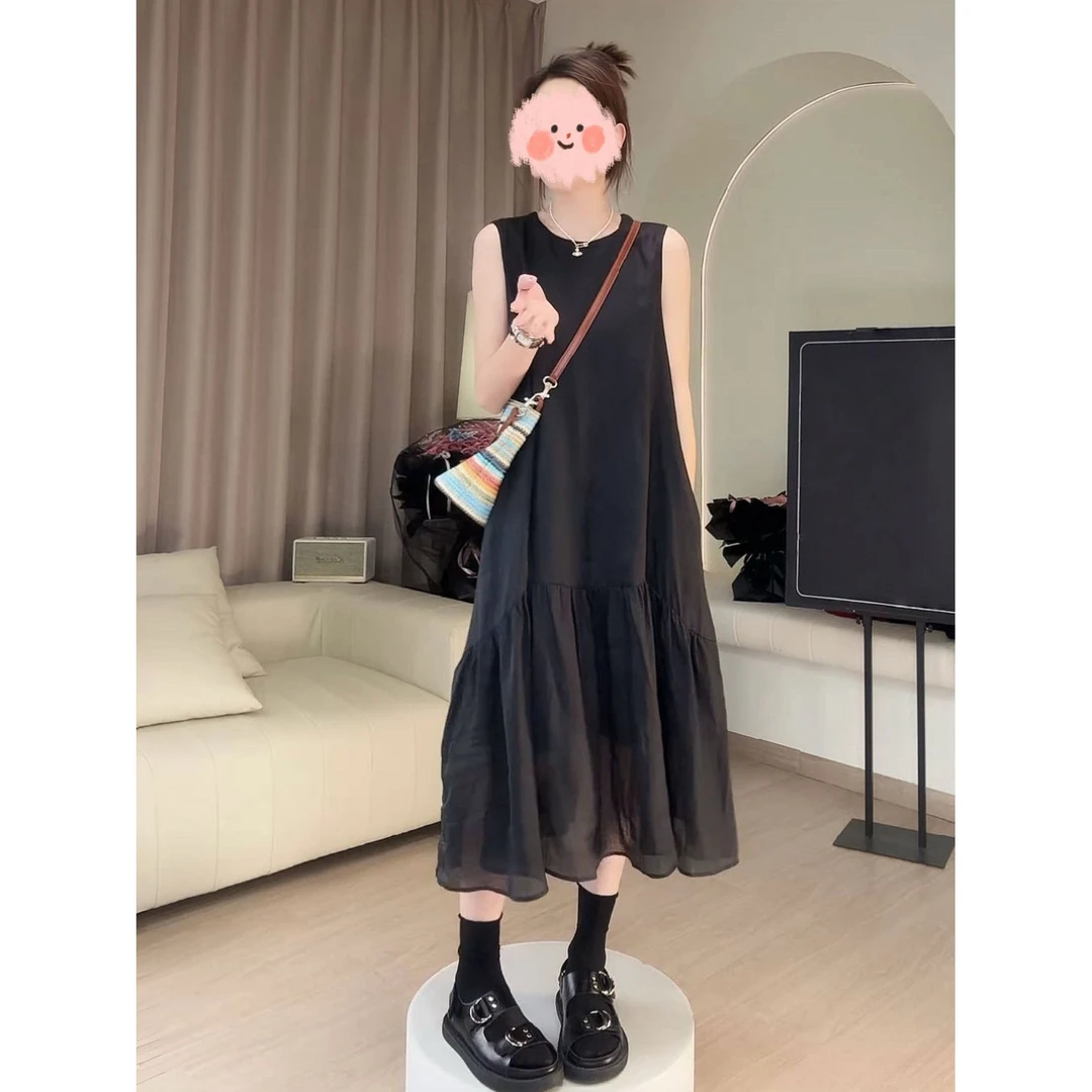 韩系无袖连衣裙女夏设计感纯色长裙下摆拼接高级感背心长裙子