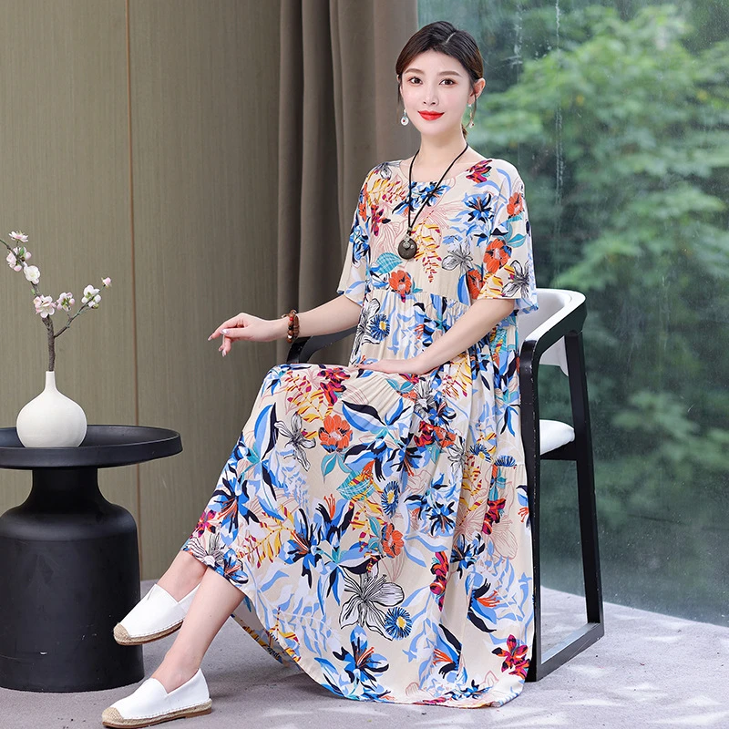 2025新款夏日时尚涤纶宽松中年妈妈大码纯色超大摆套头圆领短袖常