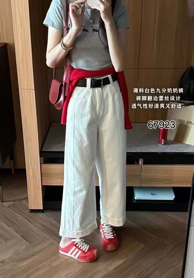 米白色高腰翻边阔腿九分牛仔裤女夏季蕾丝花边宽松百搭休闲直筒裤