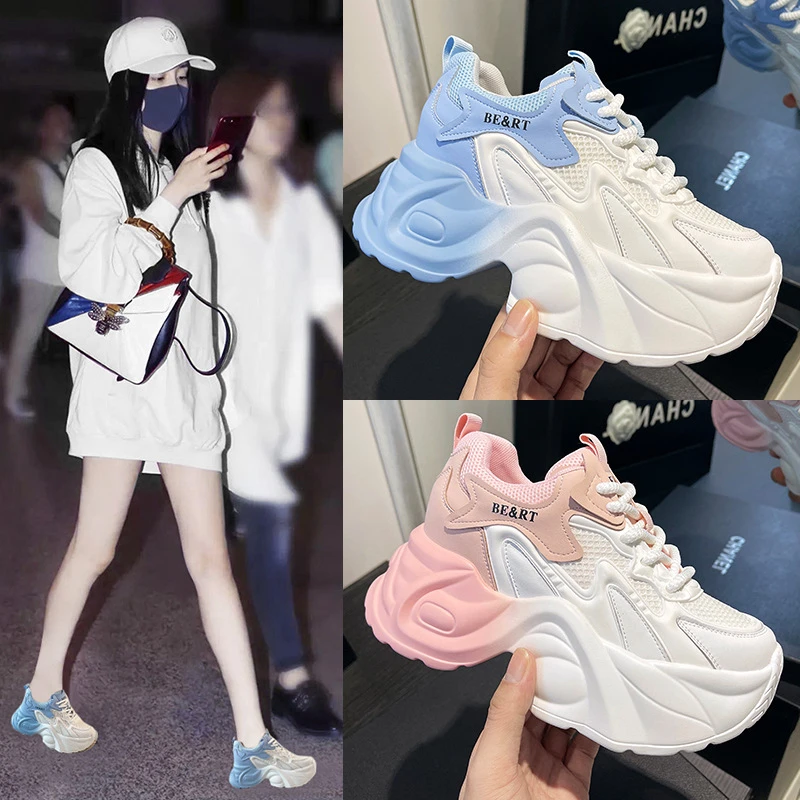 老爹鞋女2025春季新款松糕厚底休闲平底运动单鞋网面透气增高女鞋