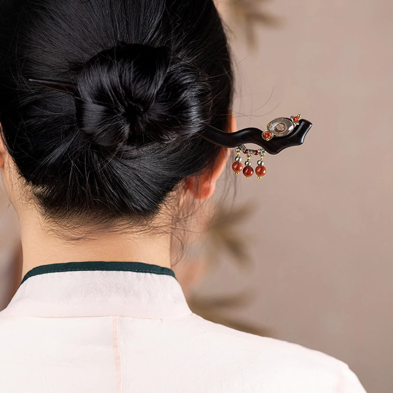 天然黑檀木红石高级发簪中国风旗袍情人节生日礼物送闺蜜女友