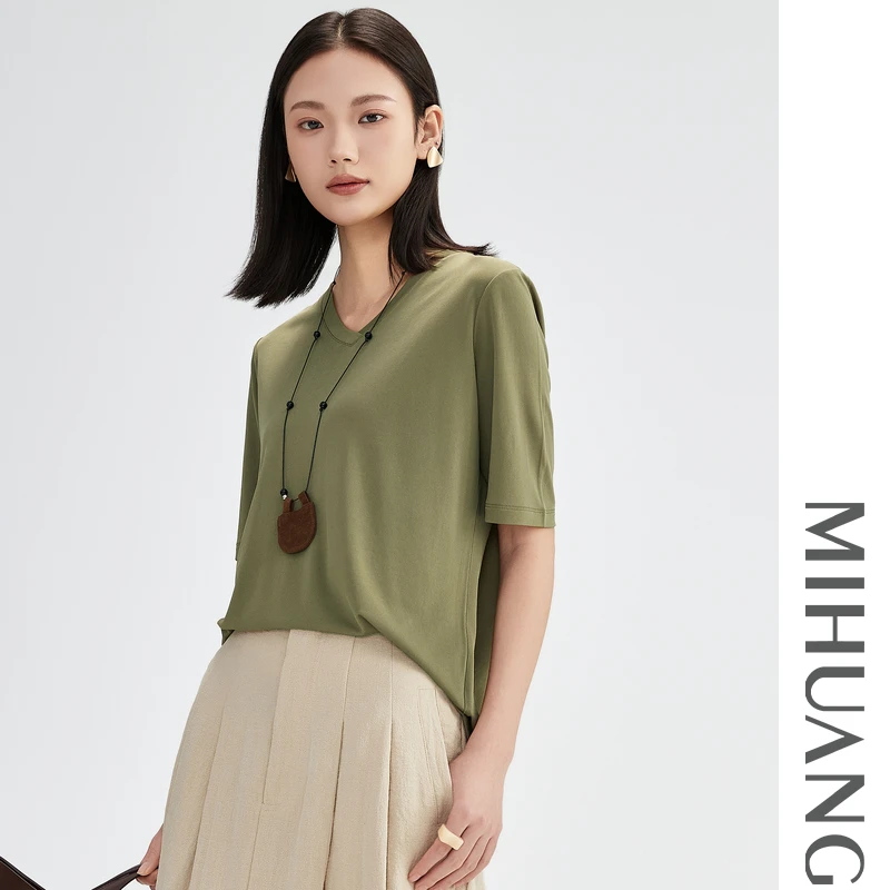 MIHUANG/米皇100桑蚕丝重磅加捻女士V领短袖零感面膜T恤557202