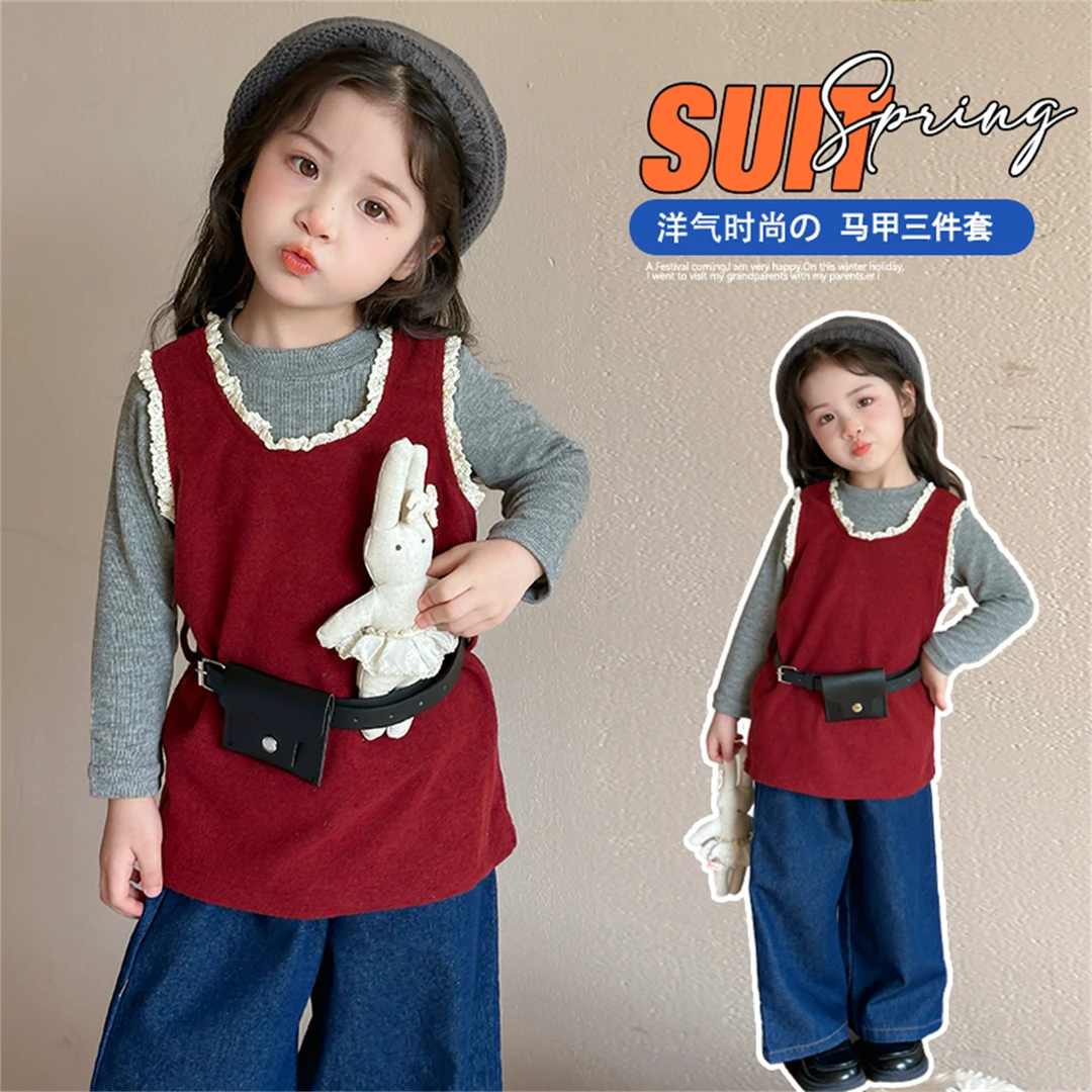 女童套装秋装2025新款洋气宝宝背心上衣裤子儿童衣服三件套春秋季