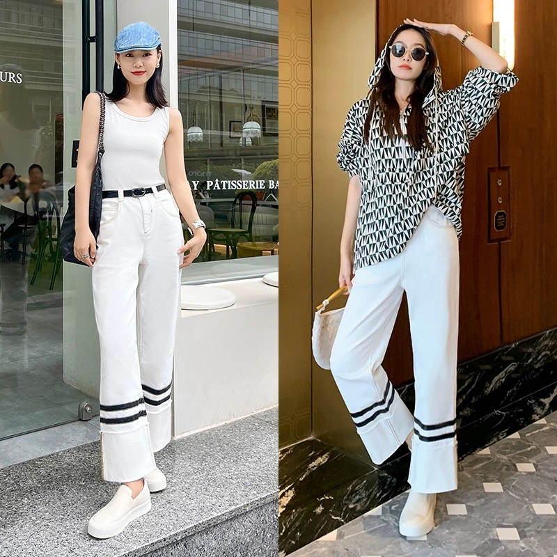 美洋MEIYANG【清仓特卖捡漏】海军朗姆牛仔裤 白胚拼皮直筒九分裤