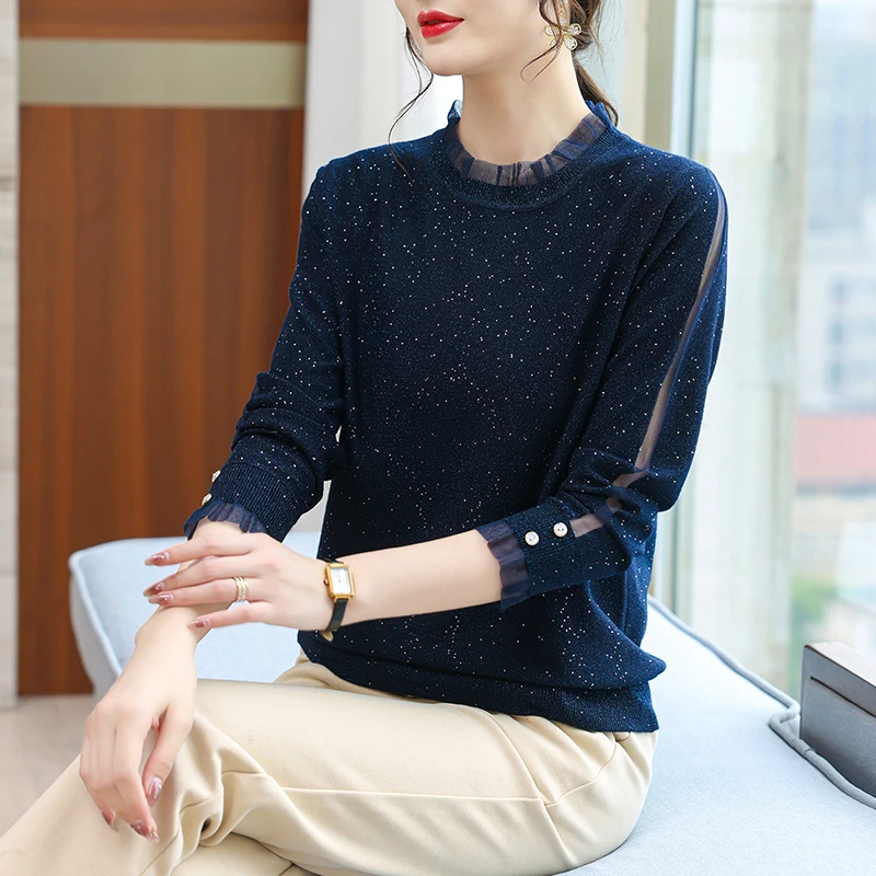 高级感大码女装秋装长袖针织衫女欧根纱拼接薄款毛衫高档气质上衣