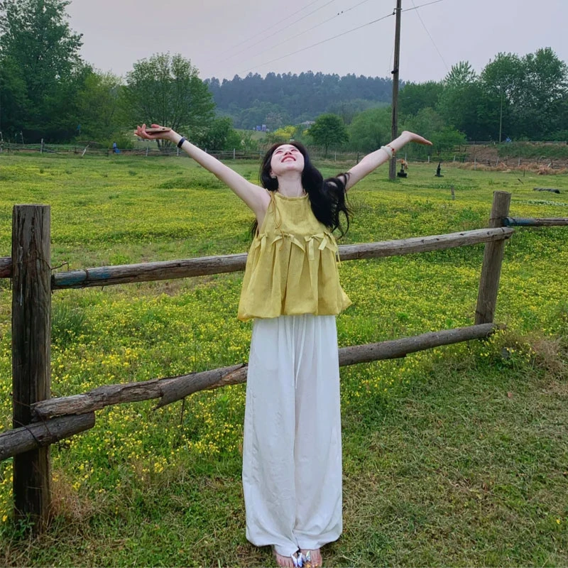 夏装搭配一整套女胖mm黄色无袖上衣休闲阔腿裤韩系减龄高级感套装