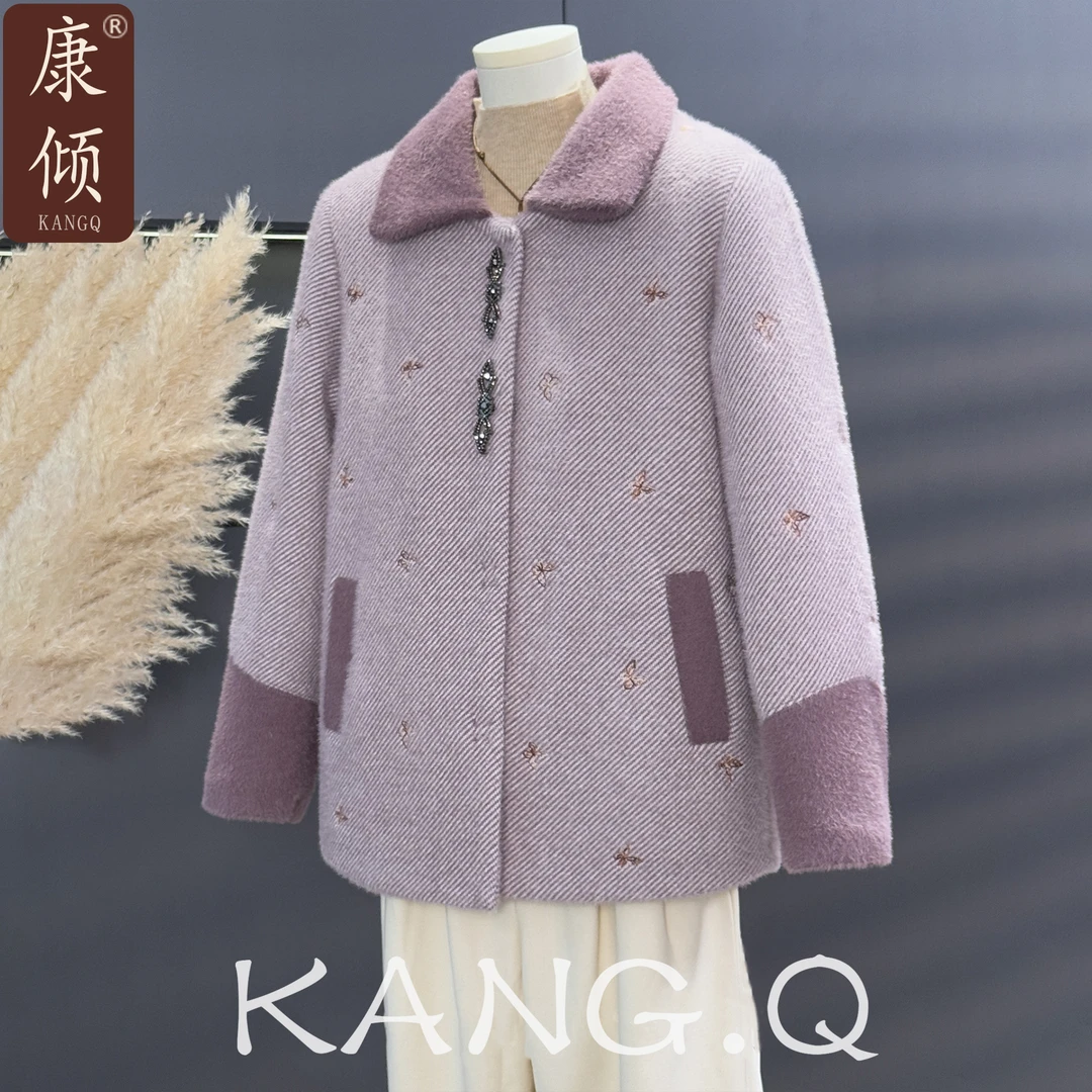 妈妈冬装外套仿貂绒加绒加厚毛呢外套大衣防寒秋冬中老年女装上衣