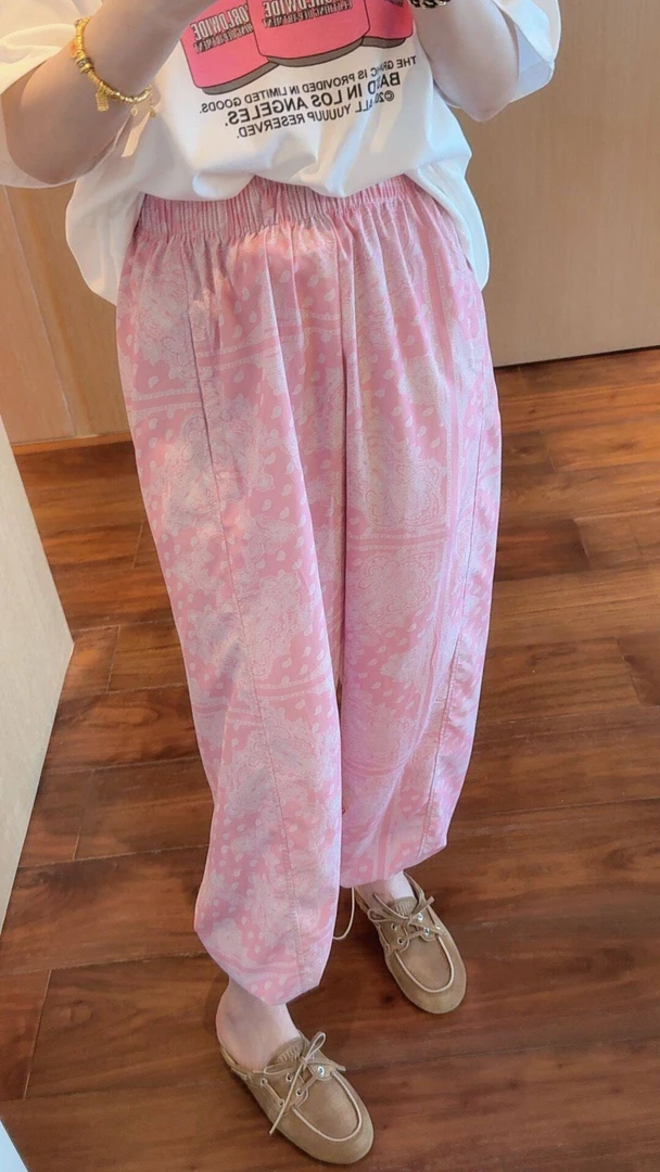 【张静芝】夏季新品~复古图腾印花直筒显瘦洋气松紧腰粉色休闲裤