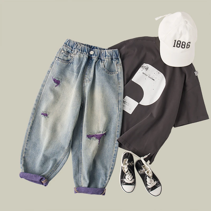 吴小越zb1698男童牛仔裤春季儿童紫色破洞中大童装帅气男孩春秋款