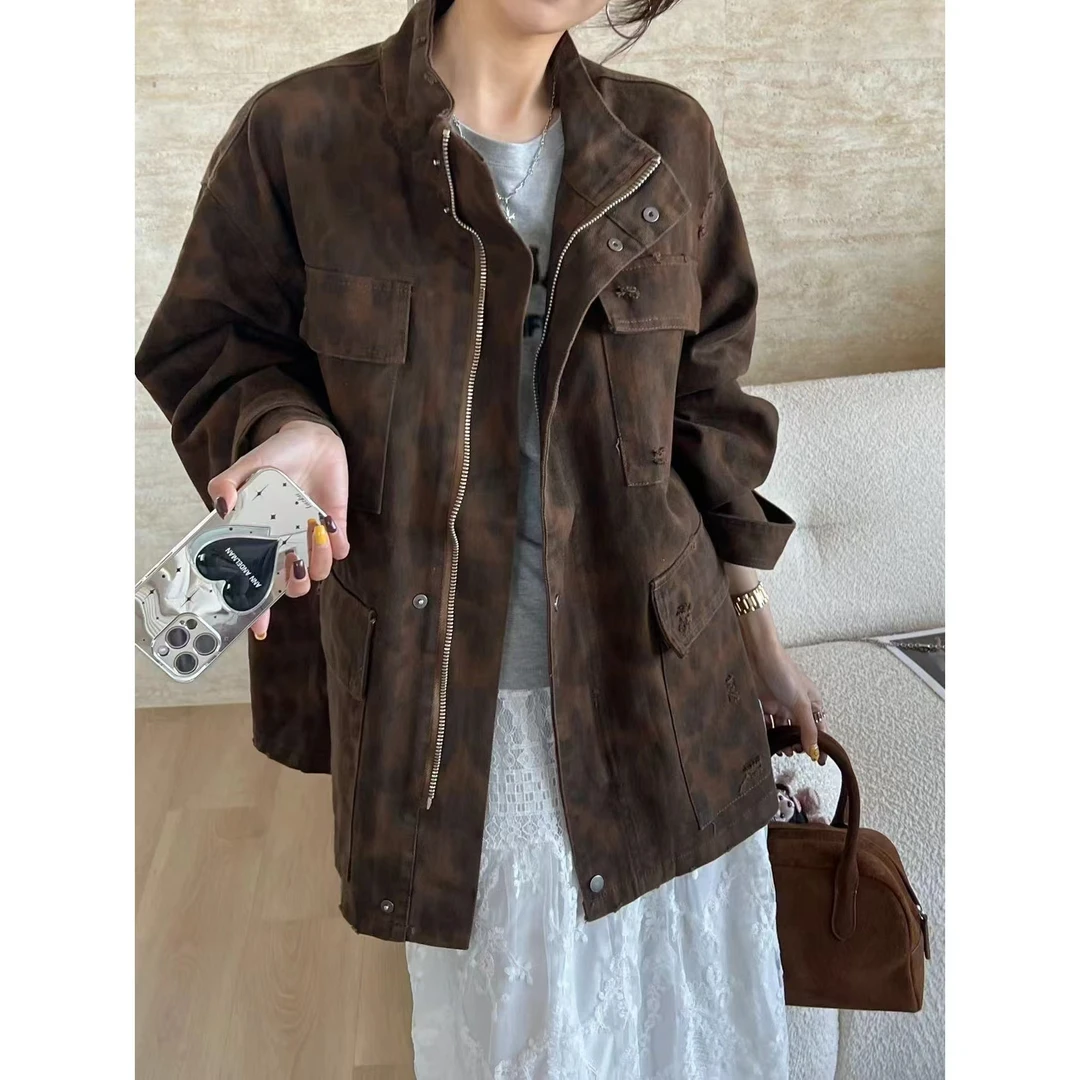 SP【春日东京】美式复古做旧水洗破洞迷彩豹纹牛仔工装超好看外套