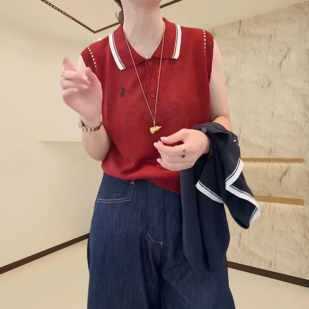 2025夏季新款韩版简约休闲百搭小众POLO领针织刺绣显瘦洋气短袖女