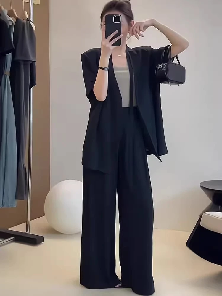 大码薄款西装套装女夏季大码气质显瘦高级感短袖西装阔腿裤两件套