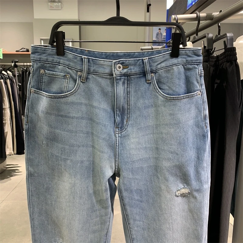 时尚裤子弹力锥型牛仔裤男士宽松小直筒男士直筒宽松破洞牛仔裤