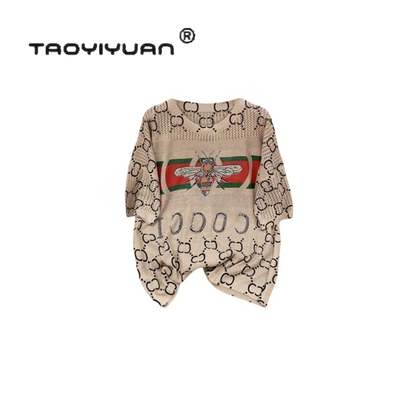 【宠粉专属】轻奢重工短袖镶钻印染小蜜蜂毛衣针织套头衫