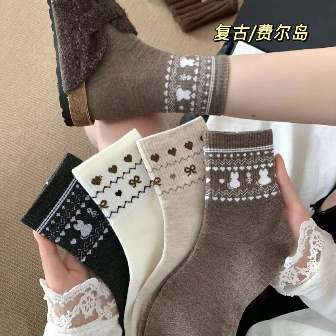 春季厚款民族风动物少女风中筒袜新款2025吸汗提花袜子女纯棉袜