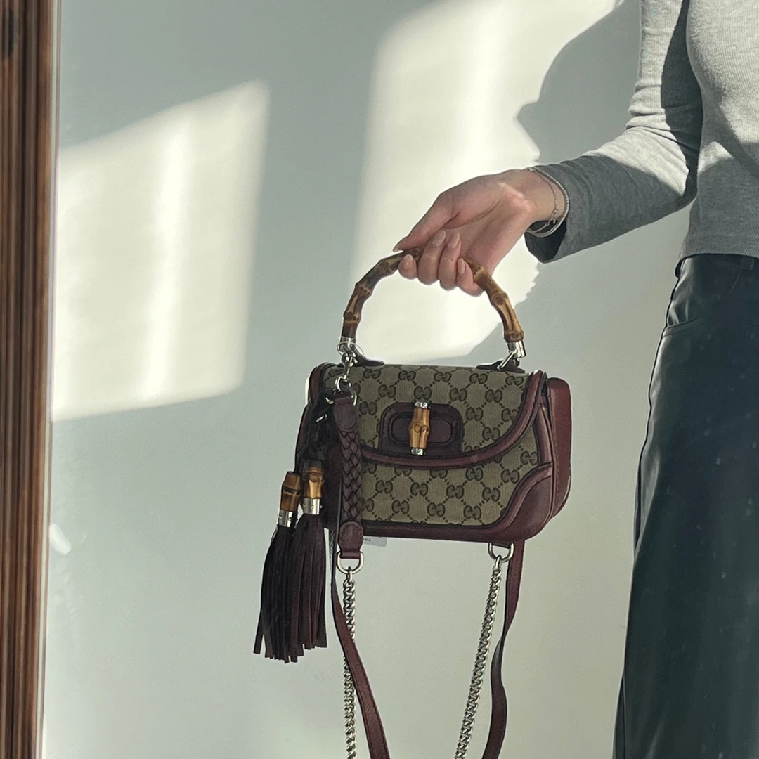 95新 GUCCI/古驰 gucci红棕色老花竹节斜挎包