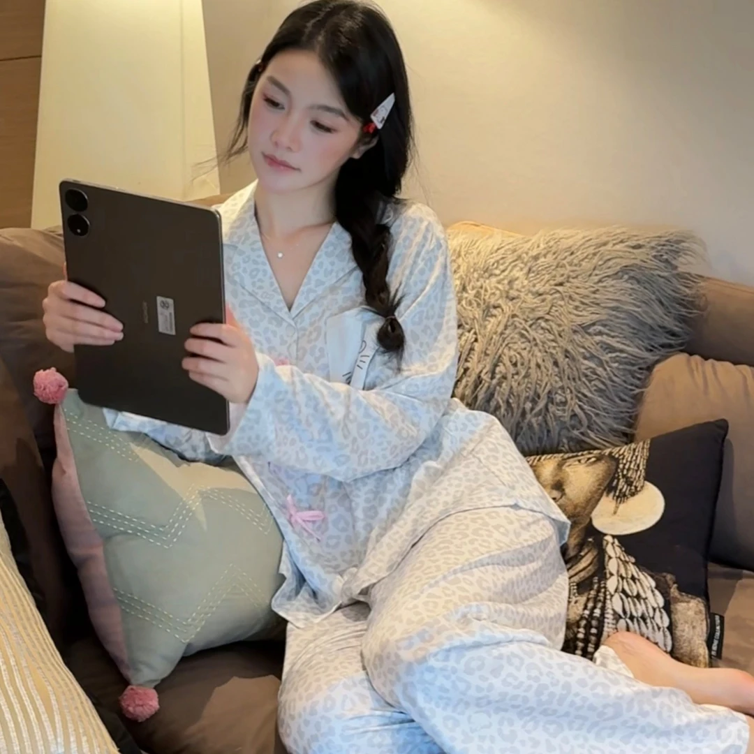 〈叛逆甜心〉春秋季甜美少女冰丝豹纹蝴蝶结长袖睡衣套装